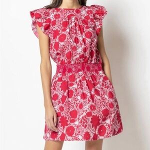 Lilla P red floral smocked waist cap flutter sleeve dress
